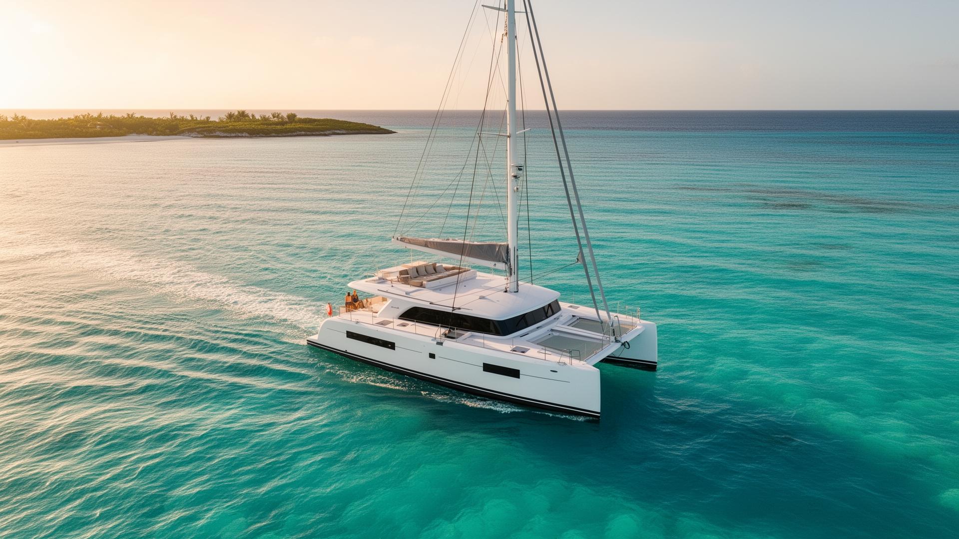 Modern luxury sailing catamaran in turquoise Bahamas waters